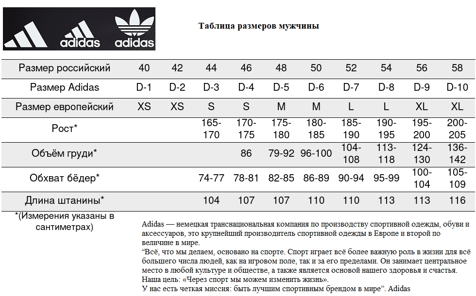 Adidas - таблица размеров мужчины.